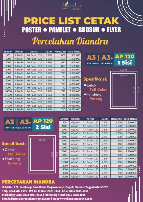 Price List Brosur-Pamflet-Flyer A3- Ap 120 - Diandra Kreatif