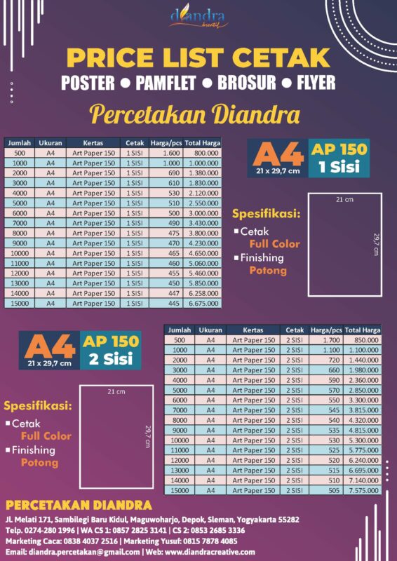 Price List Brosur-Pamflet-Flyer A4- Ap 150 - Diandra Kreatif