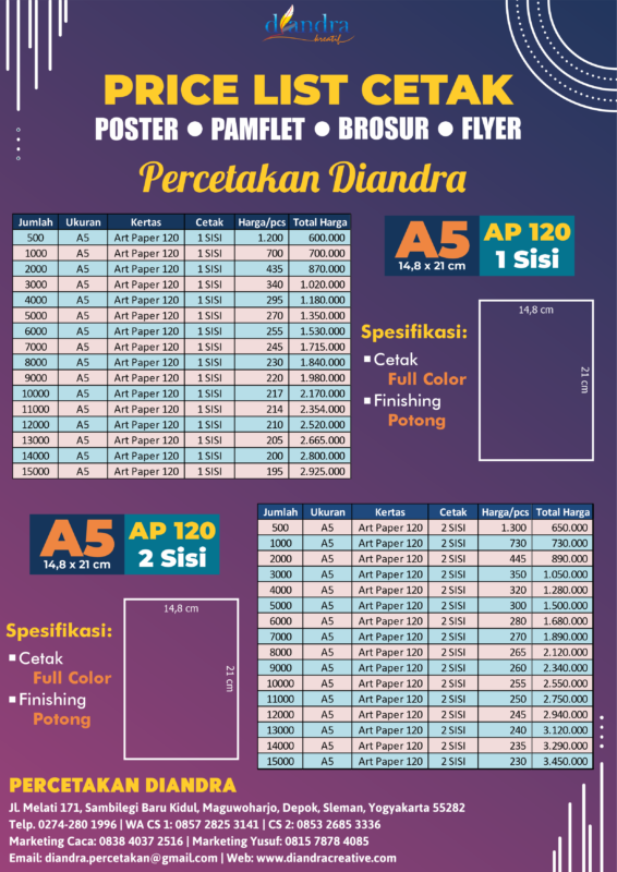 Price List Brosur-Pamflet-Flyer A5- Ap 120 - Diandra Kreatif