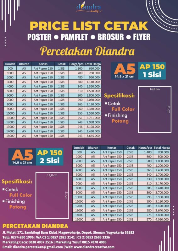 Price List Brosur-Pamflet-Flyer A5- Ap 150 - Diandra Kreatif