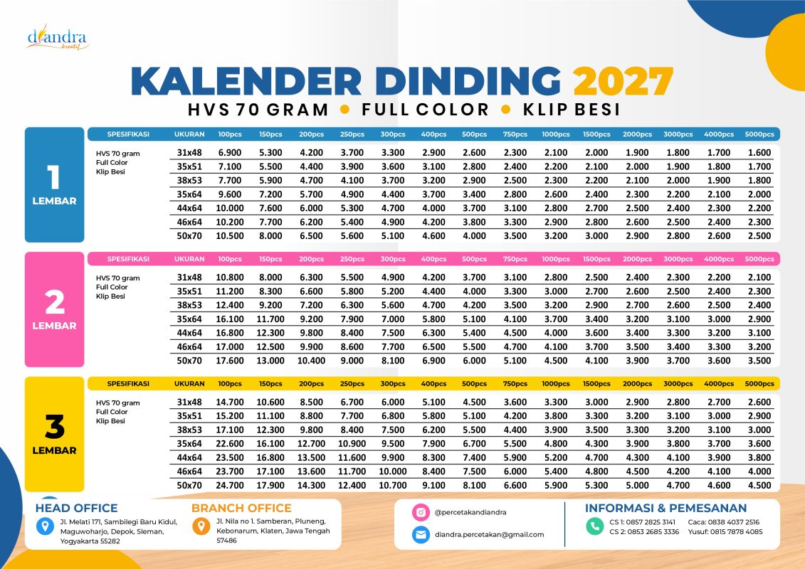 Harga Cetak Kalender Dinding 2027 Kertas HVS 70 Gram Full Color