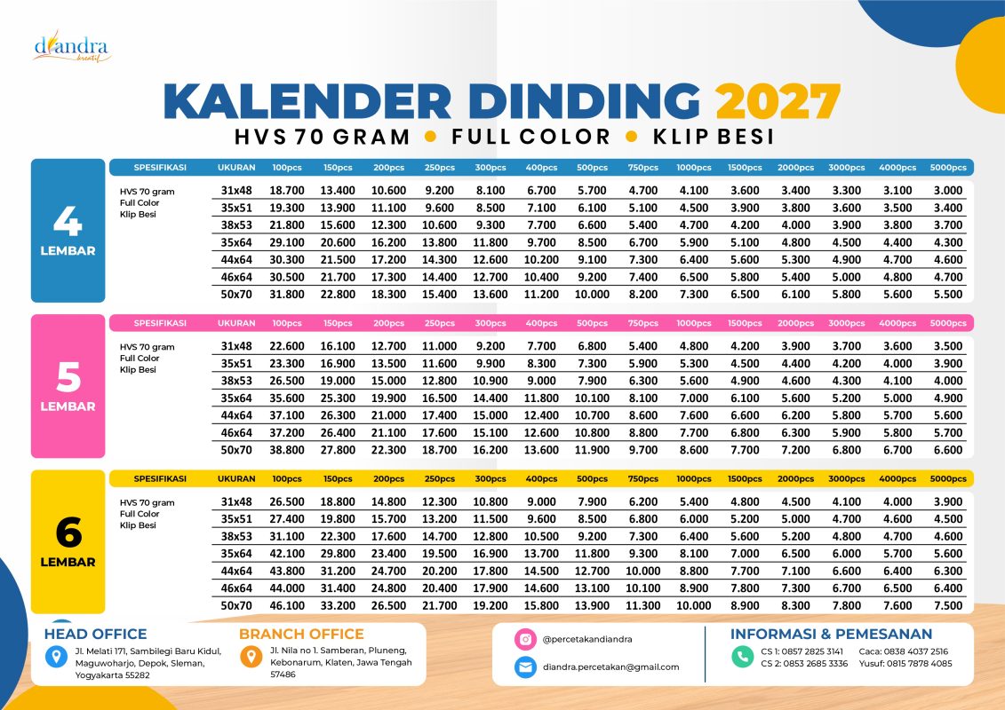 Harga Cetak Kalender Dinding 2027 Kertas HVS 70 Gram Full Color