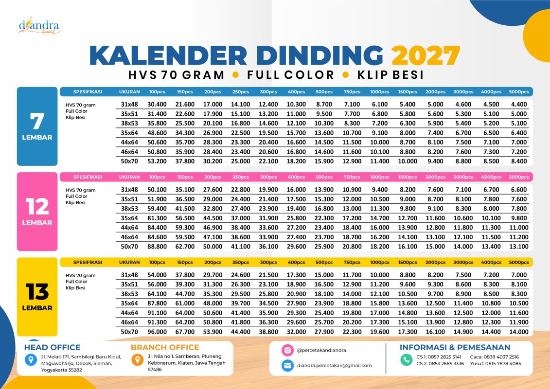 Harga Cetak Kalender Dinding 2027 Kertas HVS 70 Gram Full Color