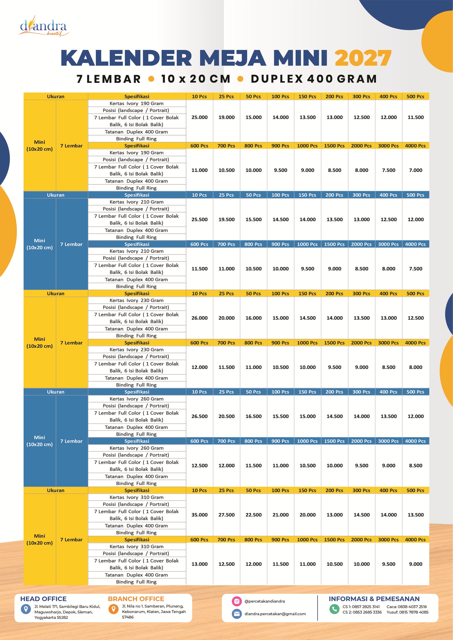 Cetak Kalender Meja Mini Duplex 2027 - Percetakan Diandra #1
