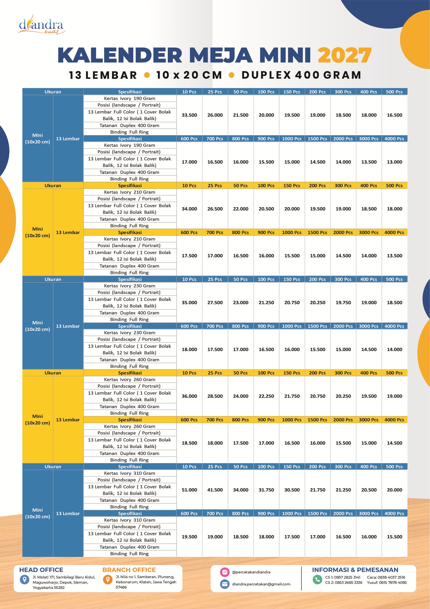 Cetak Kalender Meja Mini Duplex 2027 - Percetakan Diandra #2