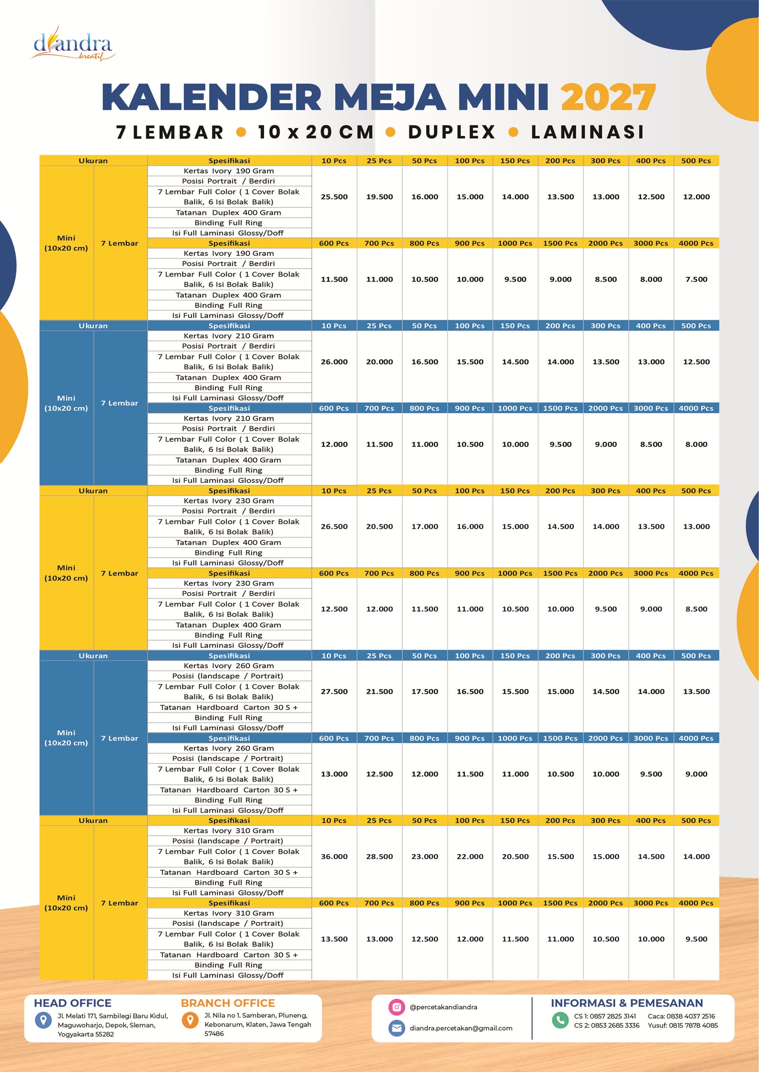 Cetak Kalender Meja Mini Duplex Laminasi 2027 - Percetakan Diandra #1