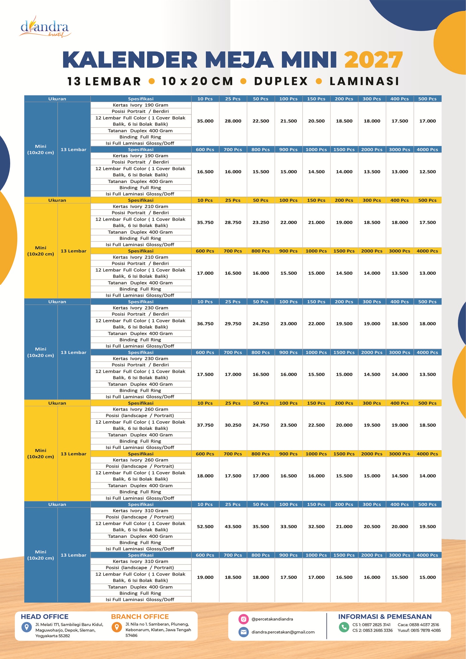 Cetak Kalender Meja Mini Duplex Laminasi 2027 - Percetakan Diandra #2