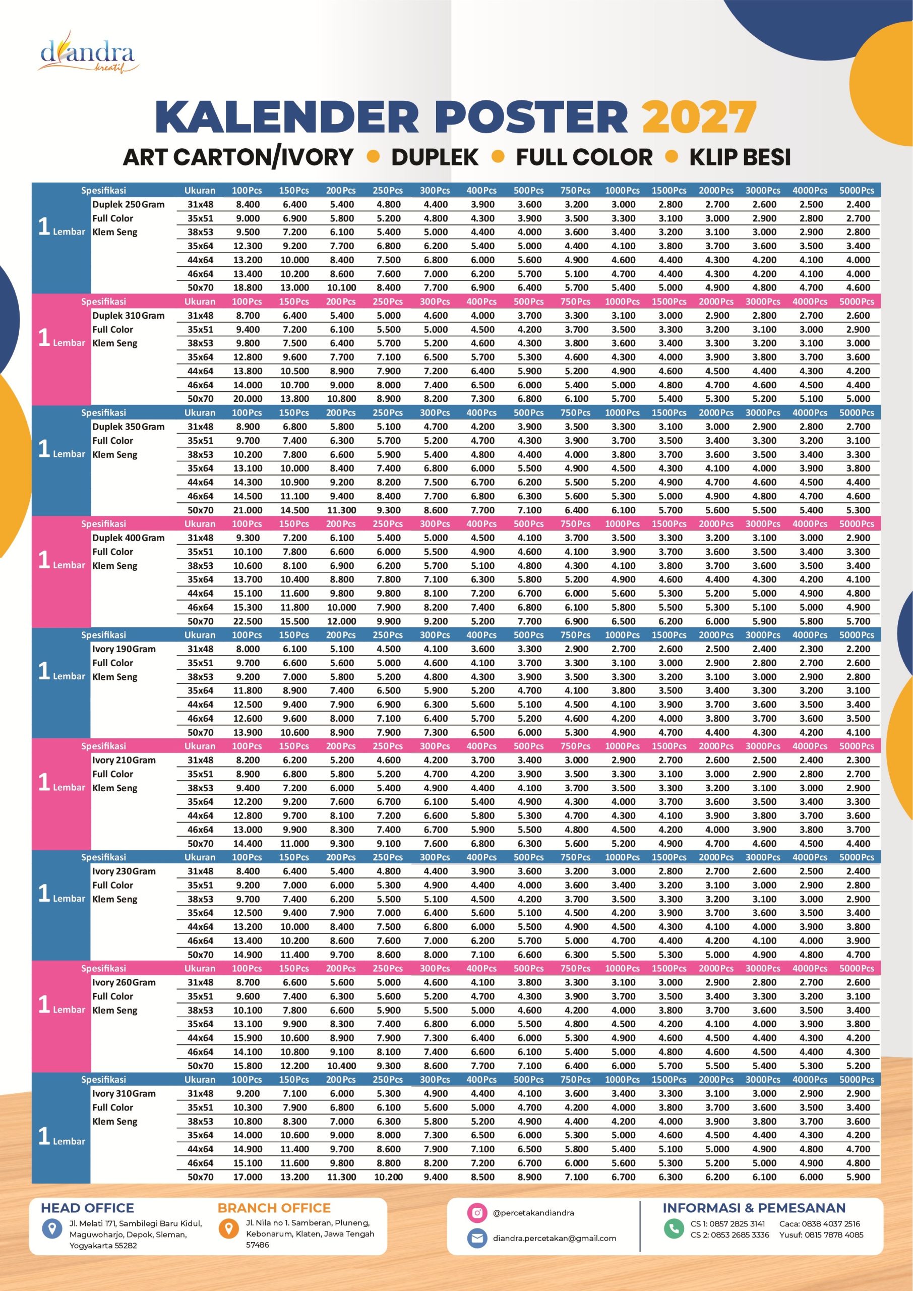 Price List Kalender Poster KLEM SENG 2027 - Percetakan Diandra