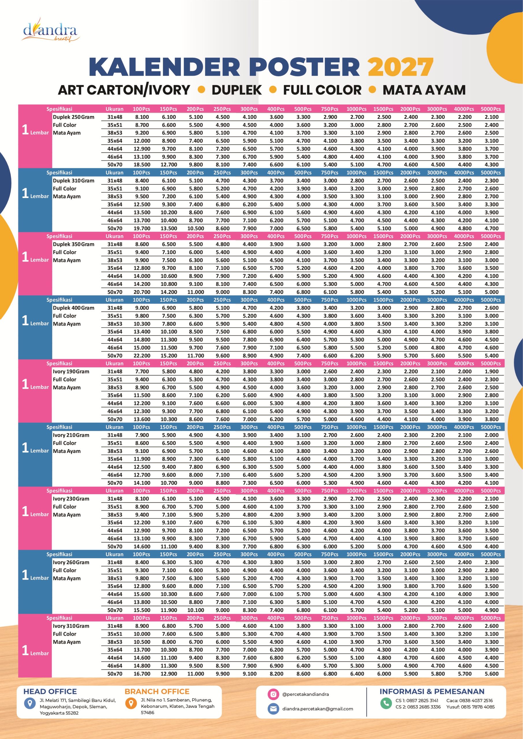 Price List Kalender Poster MATA AYAM 2027 - Percetakan Diandra